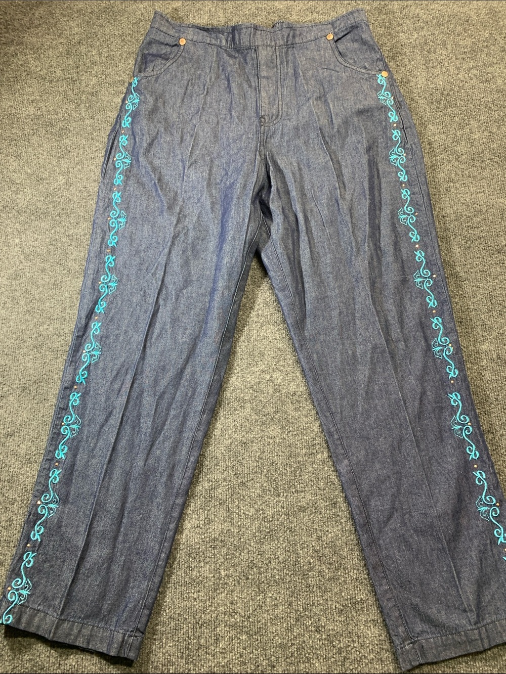Women’s Blue Denim Chinos with Turquoise Side Embroidery